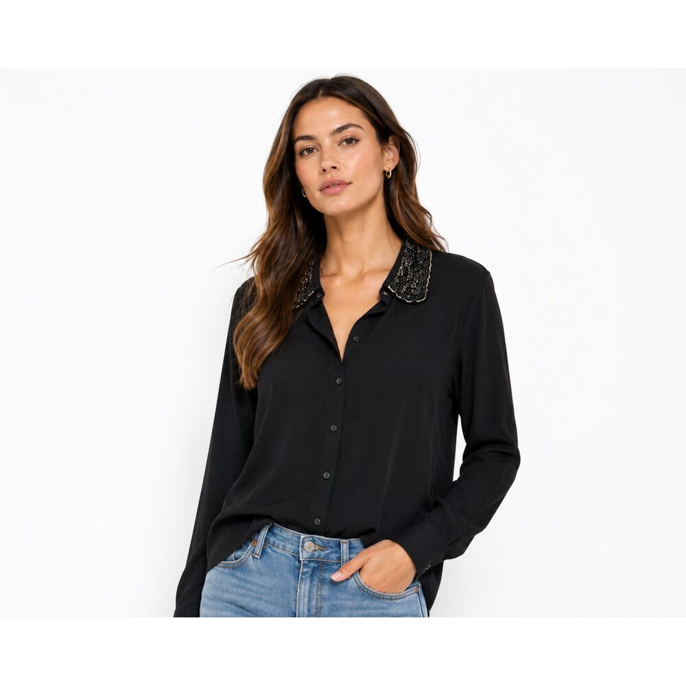 Gold Hawk Black Beaded Collar Blouse Long Sleeve Button Front Dressy Top Large